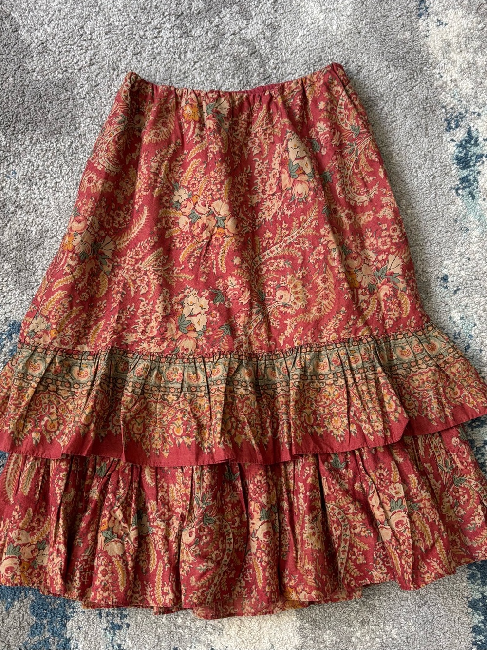 Chaps Rust Red Floral Tiered Midi Skirt